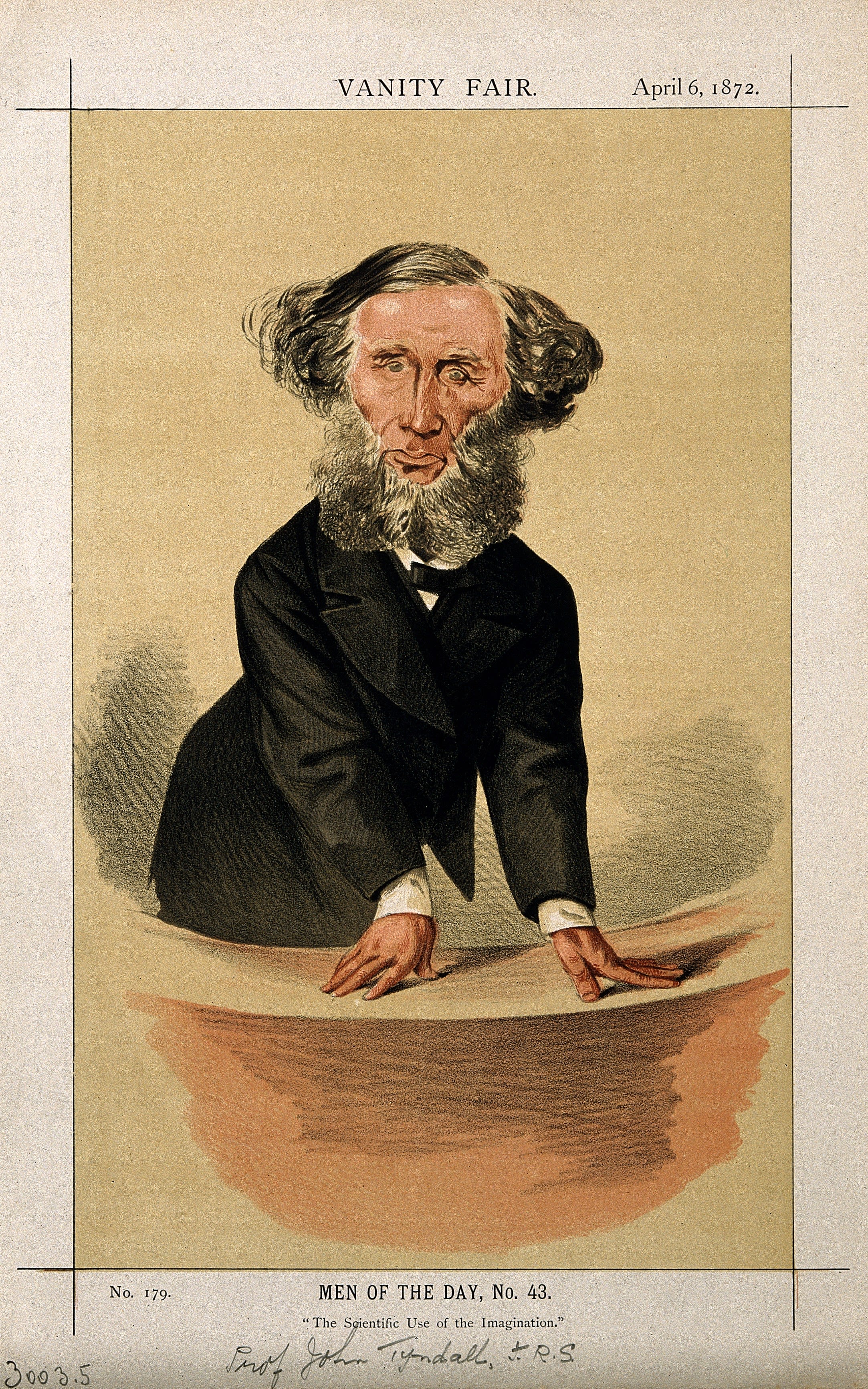 19th Century cartoon of scientist John Tyndall. Depicted standing at a lectern about to deliver a lecture